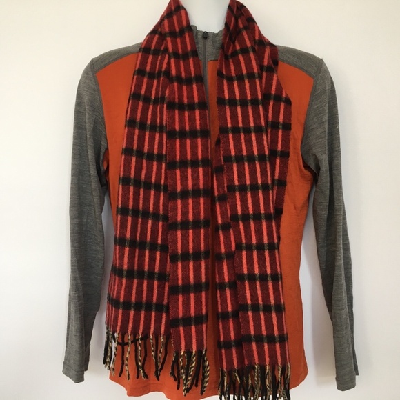 FENGDINI Scarf Wool Cashmere Blend Red Black Tan Check Rectangle 12" x 58" Soft - Picture 3 of 4